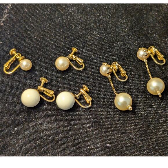 Three Pair Cream Theme Vintage Clip On & Screw On Earrings - Picture 1 of 6